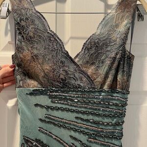 Vintage Alberto Makali Cream, Teal and Gray Silk Blend, Beaded, Lace Formal Gown